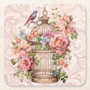 Dessous-de-verre Carré En Papier Cage à oiseaux floral aquarelle vintage romantique