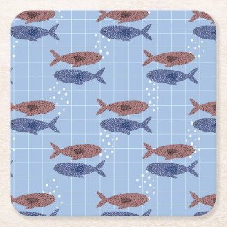 Dessous-de-verre Carré En Papier Cahier à motif grille bleue avec banc de poissons