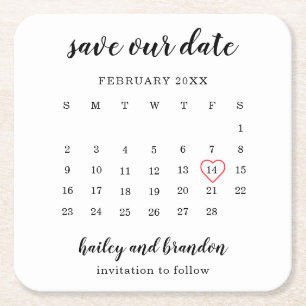 Dessous-de-verre Carré En Papier Calendrier Moderne Cœur Rouge Mariage Enregistrez