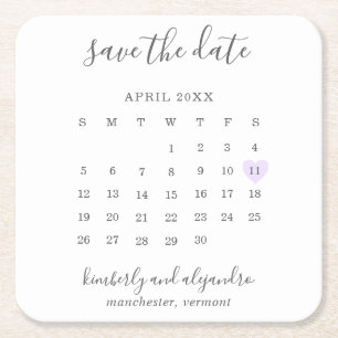 Dessous-de-verre Carré En Papier Calendrier simple Date à retenir cœur violet paste