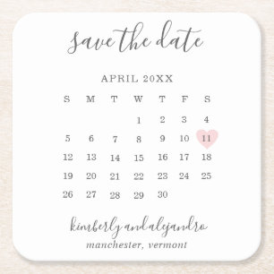 Dessous-de-verre Carré En Papier Calendrier simple Rose pastel Cœur Enregistrer la