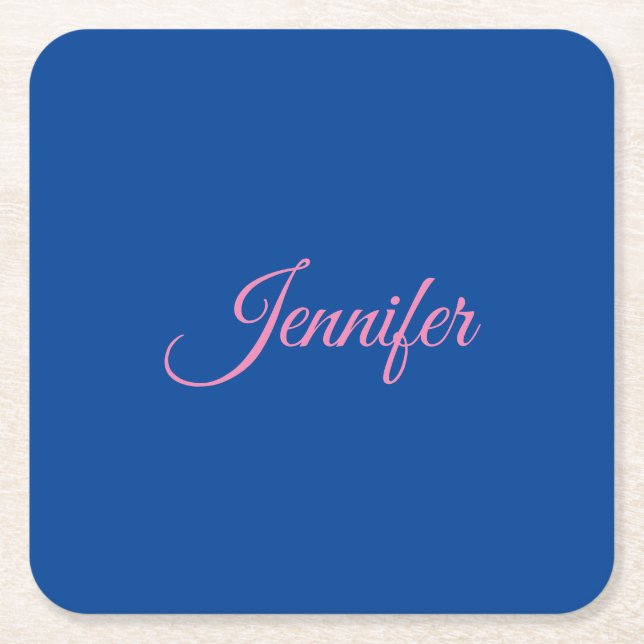 Dessous-de-verre Carré En Papier Calligraphie Elegant rose Bleu Nom personnalisé (Devant)