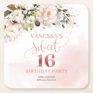 Dessous-de-verre Carré En Papier Calligraphie rose rousse roses sauge 16e anniversa