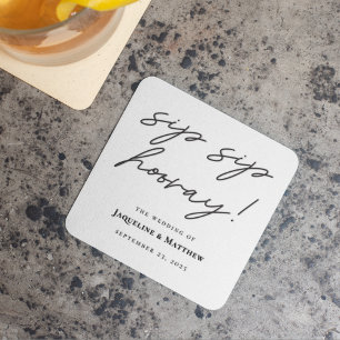 Dessous-de-verre Carré En Papier Calligraphie Sip Sip Hooray Mariage noir blanc