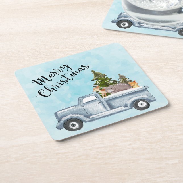 Dessous-de-verre Carré En Papier Camion de Noël avec pins et animaux de forêt (Incliné)