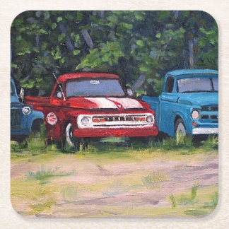 Dessous-de-verre Carré En Papier Camions Vintages bleus et rouges, peinture à l'hui