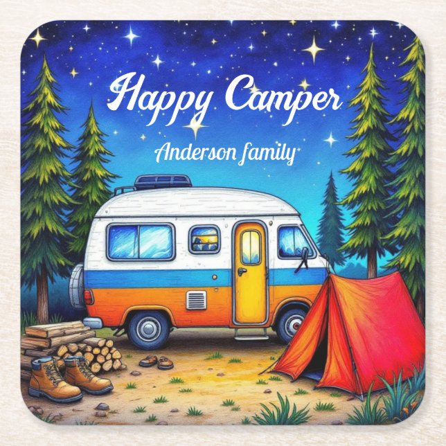 Dessous-de-verre Carré En Papier Camper Camper Bleu Vert Nature Aquarelle (Devant)