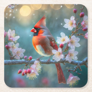 Dessous-de-verre Carré En Papier Cardinal masculin en fleurs de cerisiers au clair 