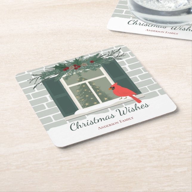 Dessous-de-verre Carré En Papier Cardinal Rouge Joyeux Noël (Incliné)