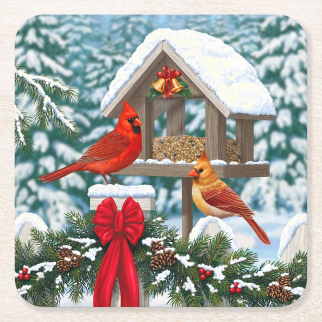 Dessous-de-verre Carré En Papier Cardinaux et nourriciers d'oiseaux de Noël (Devant)