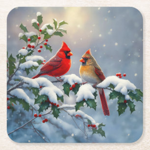 Dessous-de-verre Carré En Papier Cardinaux rouges et houx dans la neige