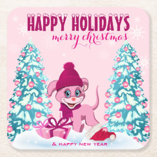 Dessous-de-verre Carré En Papier Caricature de coquelicot rose de Noël