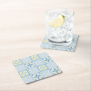 Dessous-de-verre Carré En Papier Carreau italien méditerranéen bleu et jaune