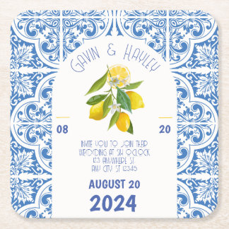 Dessous-de-verre Carré En Papier Carreaux bleus et citrons Portugal Mariage Papier 
