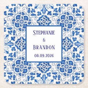 Dessous-de-verre Carré En Papier Carreaux portugais Mariage méditerranéen bleu