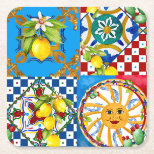 Dessous-de-verre Carré En Papier Carreaux siciliens, majolica, citrons 