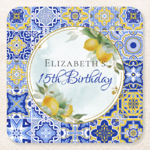 Dessous-de-verre Carré En Papier Carrelage bleu grec Citrons Parties scintillant or