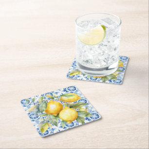 Dessous-de-verre Carré En Papier Carrelage et citrons d'aquarelle italien bleu et b
