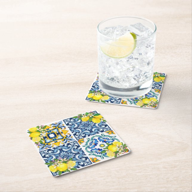 Dessous-de-verre Carré En Papier Carrelage méditerranéen clair Sicilien Citrus Lemo (En situation)