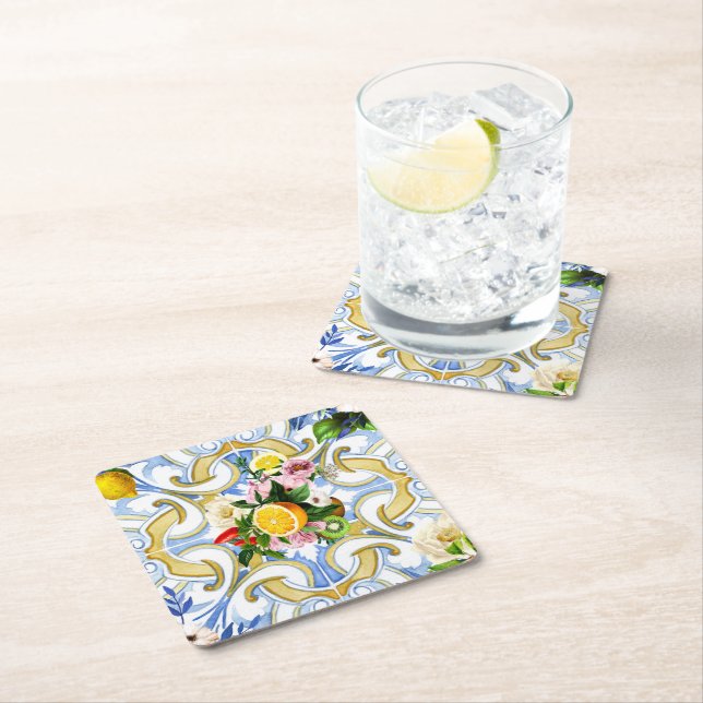 Dessous-de-verre Carré En Papier Carrelage méditerranéen, majolica,      style sici (En situation)
