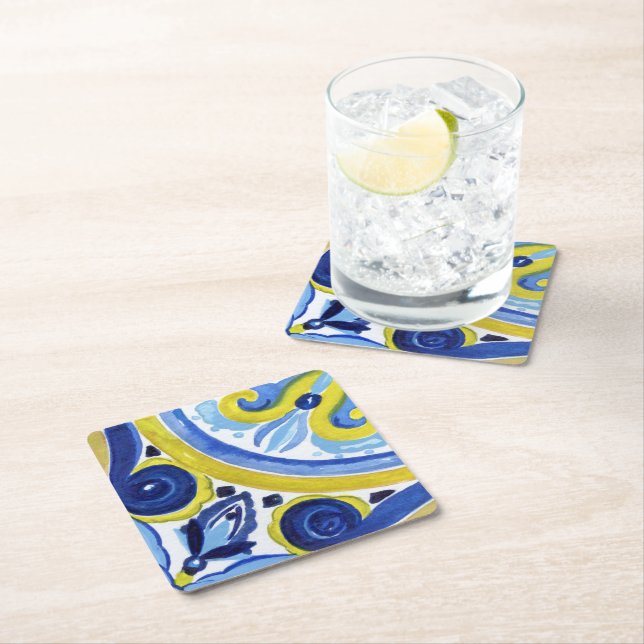 Dessous-de-verre Carré En Papier Carrelage méditerranéen, majolica, style sicilien  (En situation)