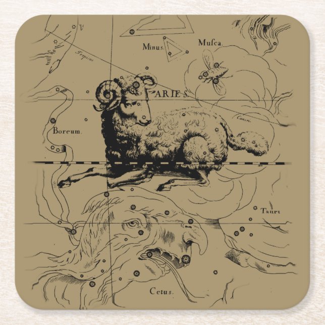Dessous-de-verre Carré En Papier Carte Constellation Aries Hevelius 1690 (Devant)