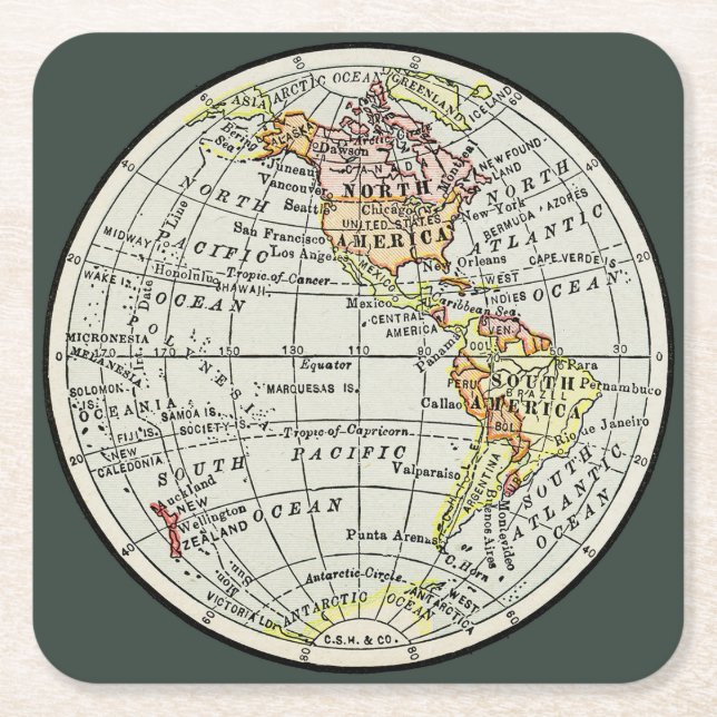 Dessous-de-verre Carré En Papier Carte de l'hémisphère occidental Globe Travel (Devant)