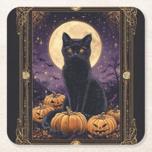 Dessous-de-verre Carré En Papier Carte de tarot thématique Halloween avec un chat n