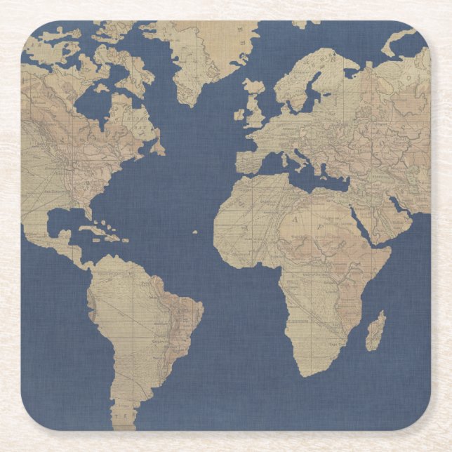 Dessous-de-verre Carré En Papier Carte Gold et Blue World (Devant)