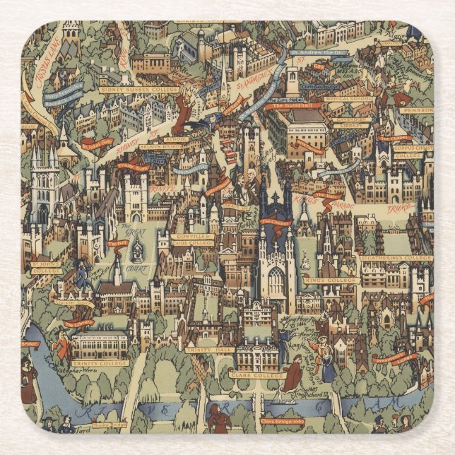 Dessous-de-verre Carré En Papier Carte imagée de Cambridge, Angleterre (Devant)