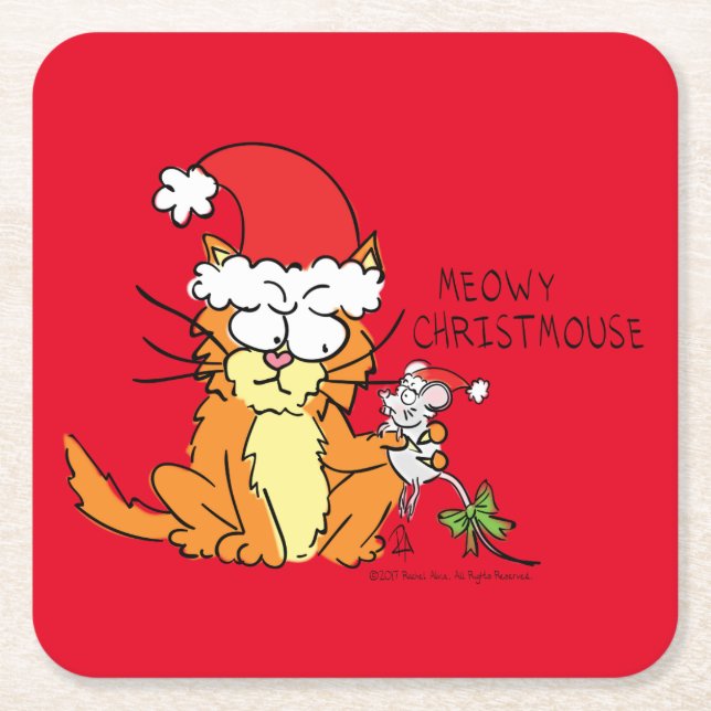 Dessous-de-verre Carré En Papier Cat Christmas Drôle Cartoon Mouse mignonne (Devant)