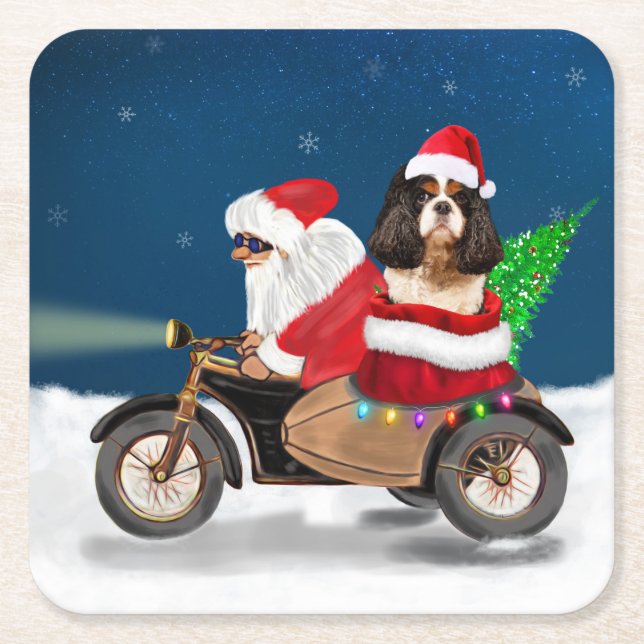 Dessous-de-verre Carré En Papier Cavalier King Chien Noël Père Noël (Devant)