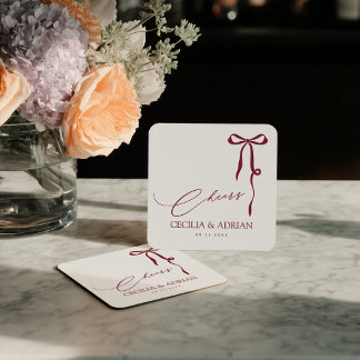 Dessous-de-verre Carré En Papier CECILIA Burgundy Bow Square Paper Coaster