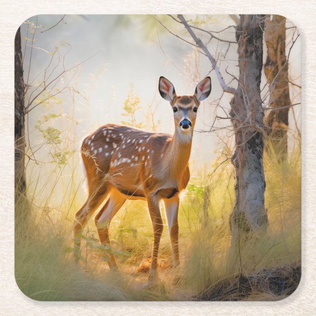 Dessous-de-verre Carré En Papier Cerfs Élégants dans la Forêt Dessin Naturel (Devant)