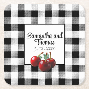 Dessous-de-verre Carré En Papier Cerises Vintage gingham noir blanc