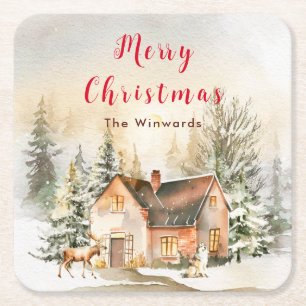 Dessous-de-verre Carré En Papier Chalet de vacances d'hiver Joyeux Noël