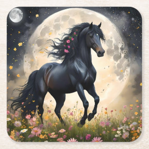 Dessous-de-verre Carré En Papier Champ de fleur de lune de cheval noir,