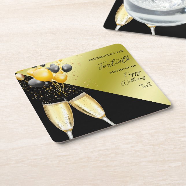 Dessous-de-verre Carré En Papier Champagne & Ballons 40e anniversaire (Incliné)