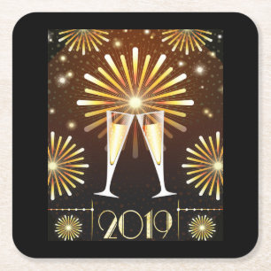 Dessous-de-verre Carré En Papier Champagne et feux d'artifice Nouvel An Réveillon 2