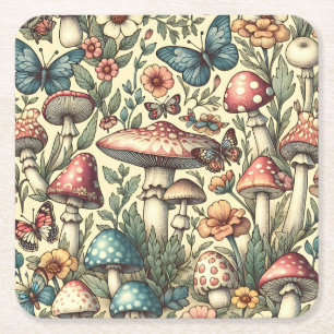 Dessous-de-verre Carré En Papier Champignons vintages, Fleurs, Papillons Whimsical