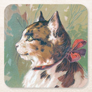 Dessous-de-verre Carré En Papier Chat avec l'illustration rouge de cru de ruban