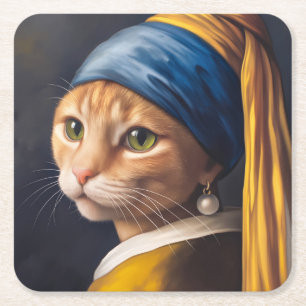 Dessous-de-verre Carré En Papier Chat avec une oreille de perle Funny Vermeer Par