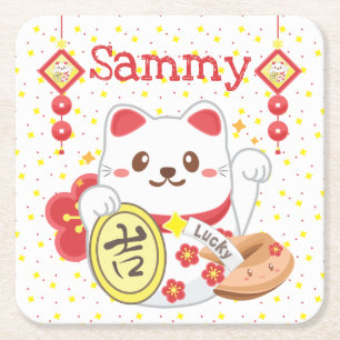 Dessous-de-verre Carré En Papier Chat Chanceux Kawaii Oriental