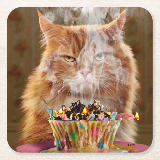Dessous-de-verre Carré En Papier Chat Cranky Drôle Avec Cupcake D'Anniversaire Fond