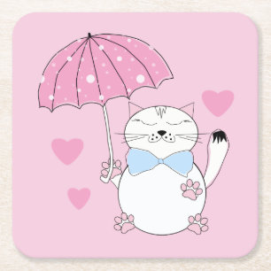 Dessous-de-verre Carré En Papier Chat de dessin animé mignon avec parapluie