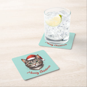 Dessous-de-verre Carré En Papier Chat de Noël mignon personnalisé avec chapeau de P