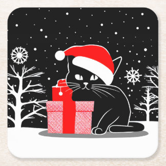 Dessous-de-verre Carré En Papier Chat de Noël noir