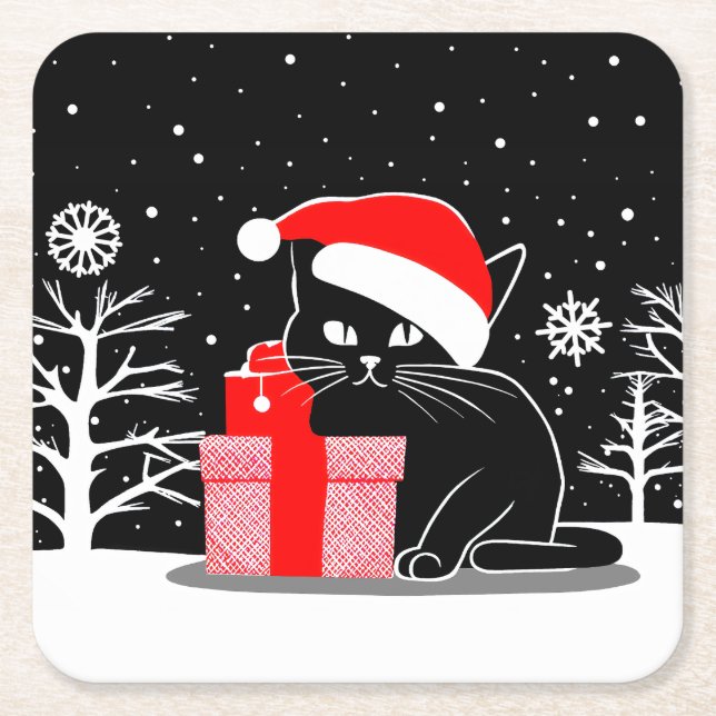 Dessous-de-verre Carré En Papier Chat de Noël noir (Devant)