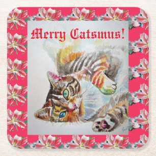 Dessous-de-verre Carré En Papier Chat drôle Merry chats Noël Rouge Lily Dessous de