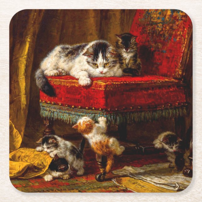 Dessous-de-verre Carré En Papier Chat et chatons Jouer avec chaise (Devant)